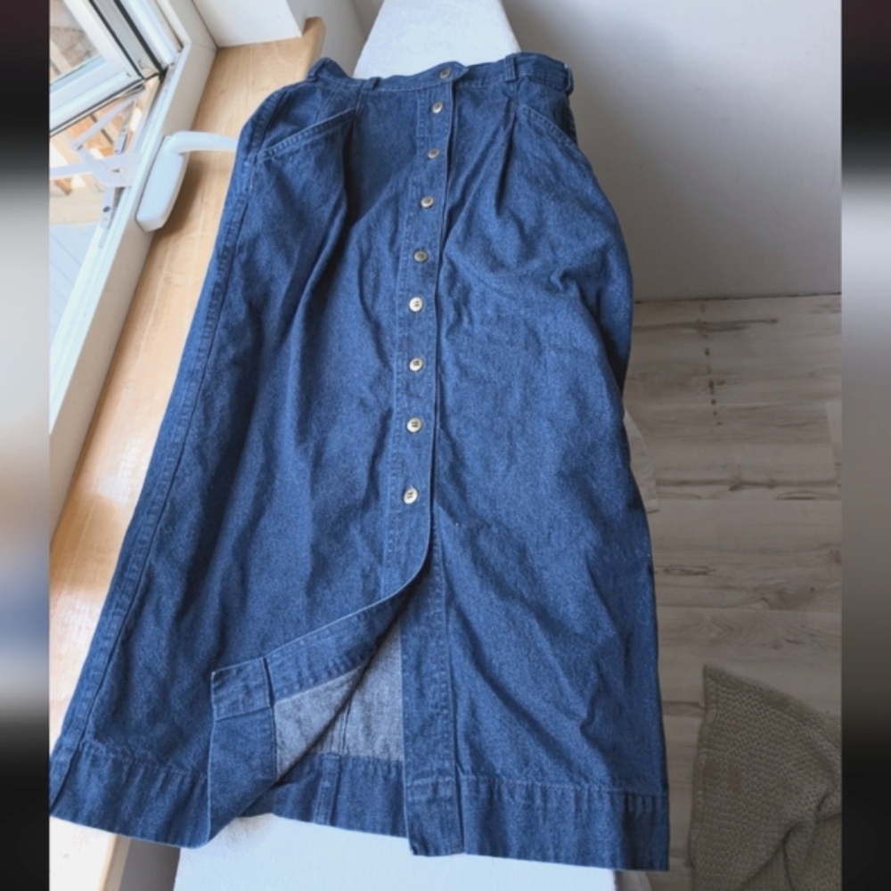 Vtg Indigo Button-down Denim Skirt With Pockets